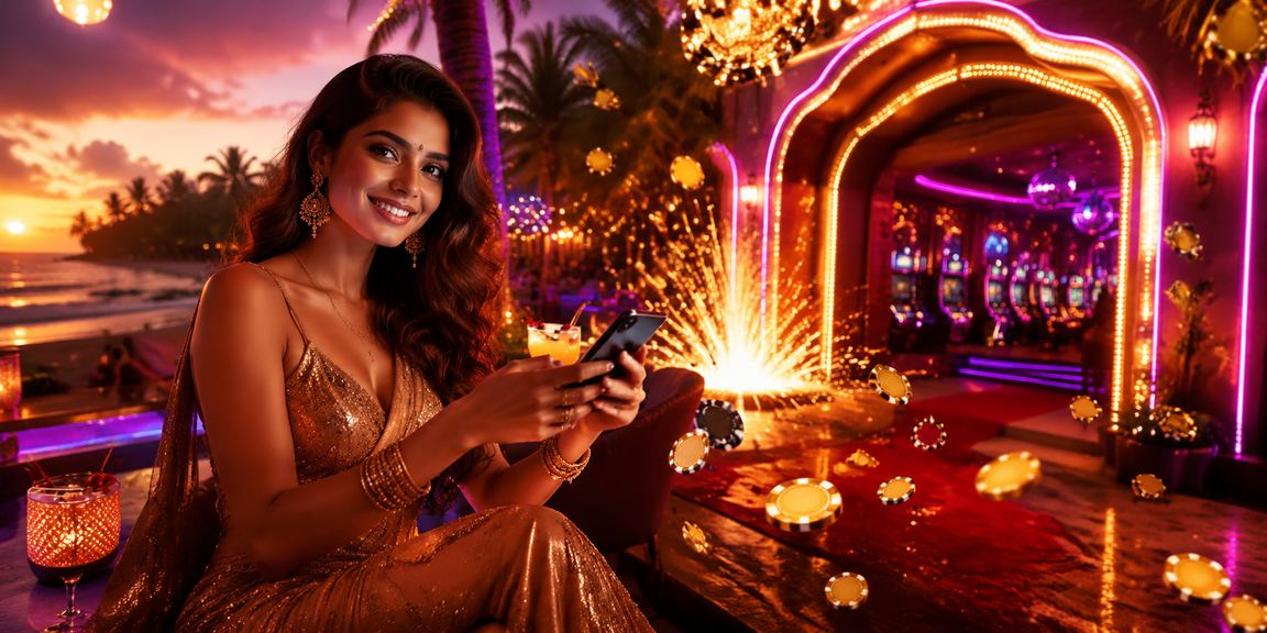 Mobile live casino player enjoying games on a phone by the beach in Goa with Bollywood atmosphere