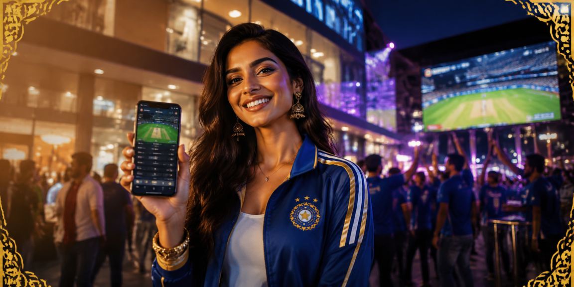 Player using mobile banking app near cricket match in India
